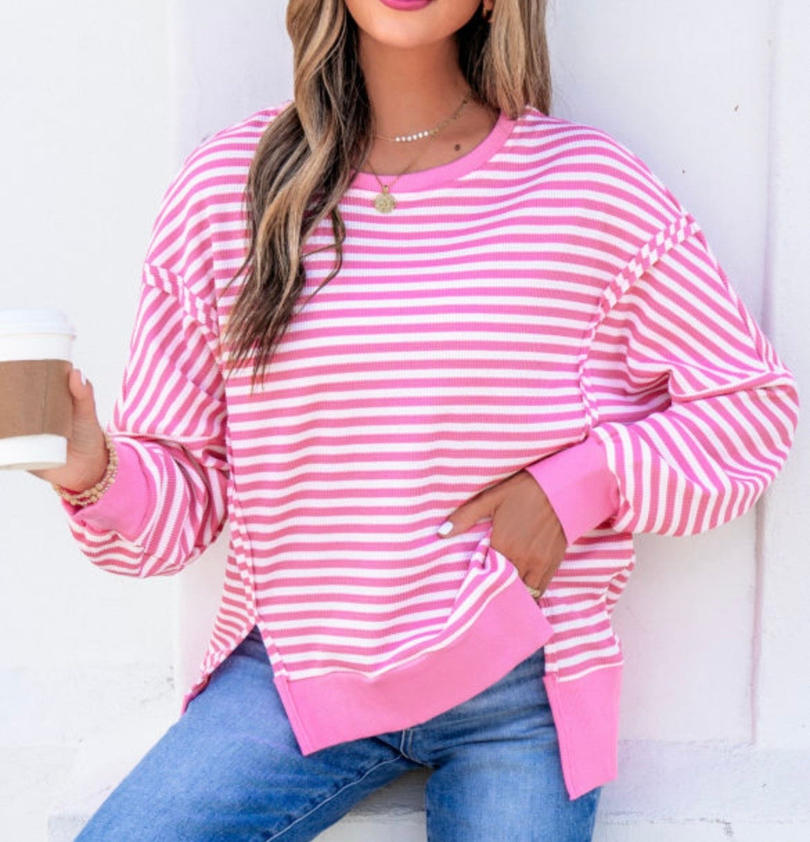 Pink Stripe Waffle Knit Sweatshirt